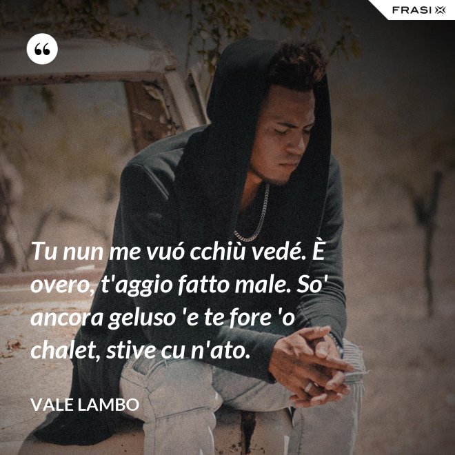 Tu nun me vuó cchiù vedé. È overo, t'aggio fatto male. So' ancora geluso 'e te fore 'o chalet, stive cu n'ato. - Vale Lambo