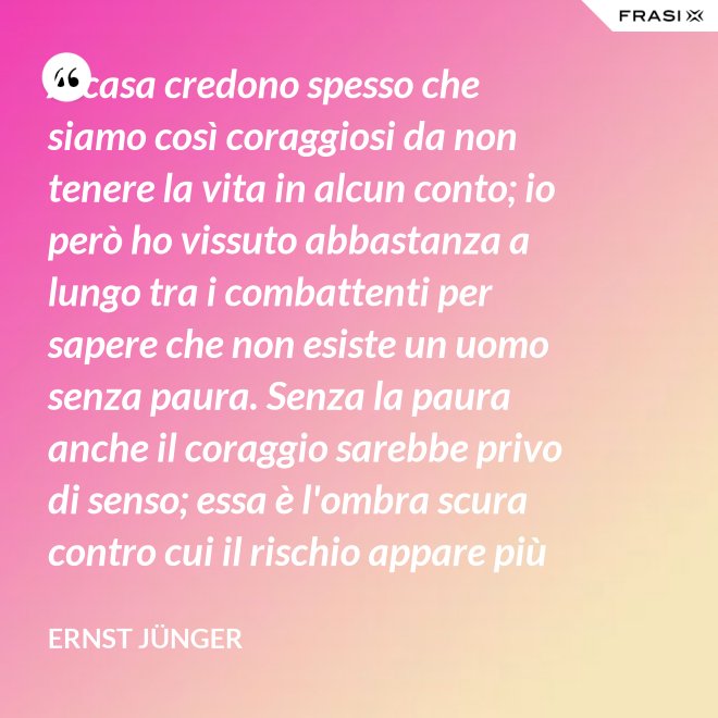 A casa credono spesso che siamo così coraggiosi da non tenere la vita in alcun conto; io però ho vissuto abbastanza a lungo tra i combattenti per sapere che non esiste un uomo senza paura. Senza la paura anche il coraggio sarebbe privo di senso; essa è l'ombra scura contro cui il rischio appare più vivace e più attraente. - Ernst Jünger