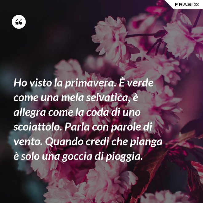 Ho visto la primavera. È verde come una mela selvatica, è allegra come la coda di uno scoiattolo. Parla con parole di vento. Quando credi che pianga è solo una goccia di pioggia. - Anonimo