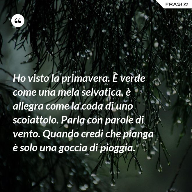 Ho visto la primavera. È verde come una mela selvatica, è allegra come la coda di uno scoiattolo. Parla con parole di vento. Quando credi che pianga è solo una goccia di pioggia. - Anonimo