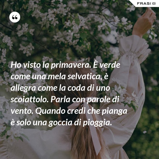 Ho visto la primavera. È verde come una mela selvatica, è allegra come la coda di uno scoiattolo. Parla con parole di vento. Quando credi che pianga è solo una goccia di pioggia. - Anonimo