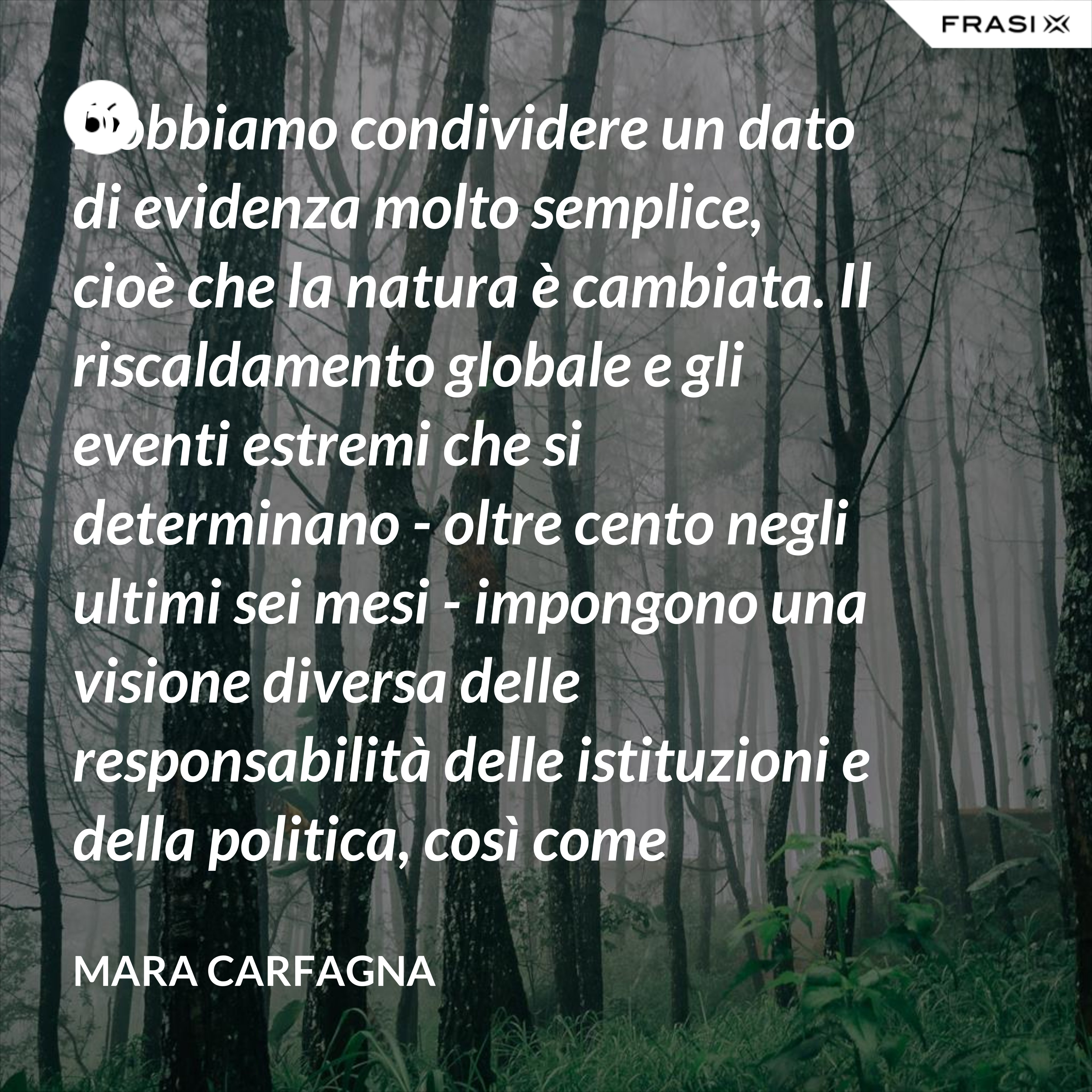 Dobbiamo condividere un dato di evidenza molto semplice, cioè che la natura è cambiata. Il riscaldamento globale e gli eventi estremi che si determinano - oltre cento negli ultimi sei mesi - impongono una visione diversa delle responsabilità delle istituzioni e della politica, così come impongono ai cittadini una nuova consapevolezza del pericolo. - Mara Carfagna