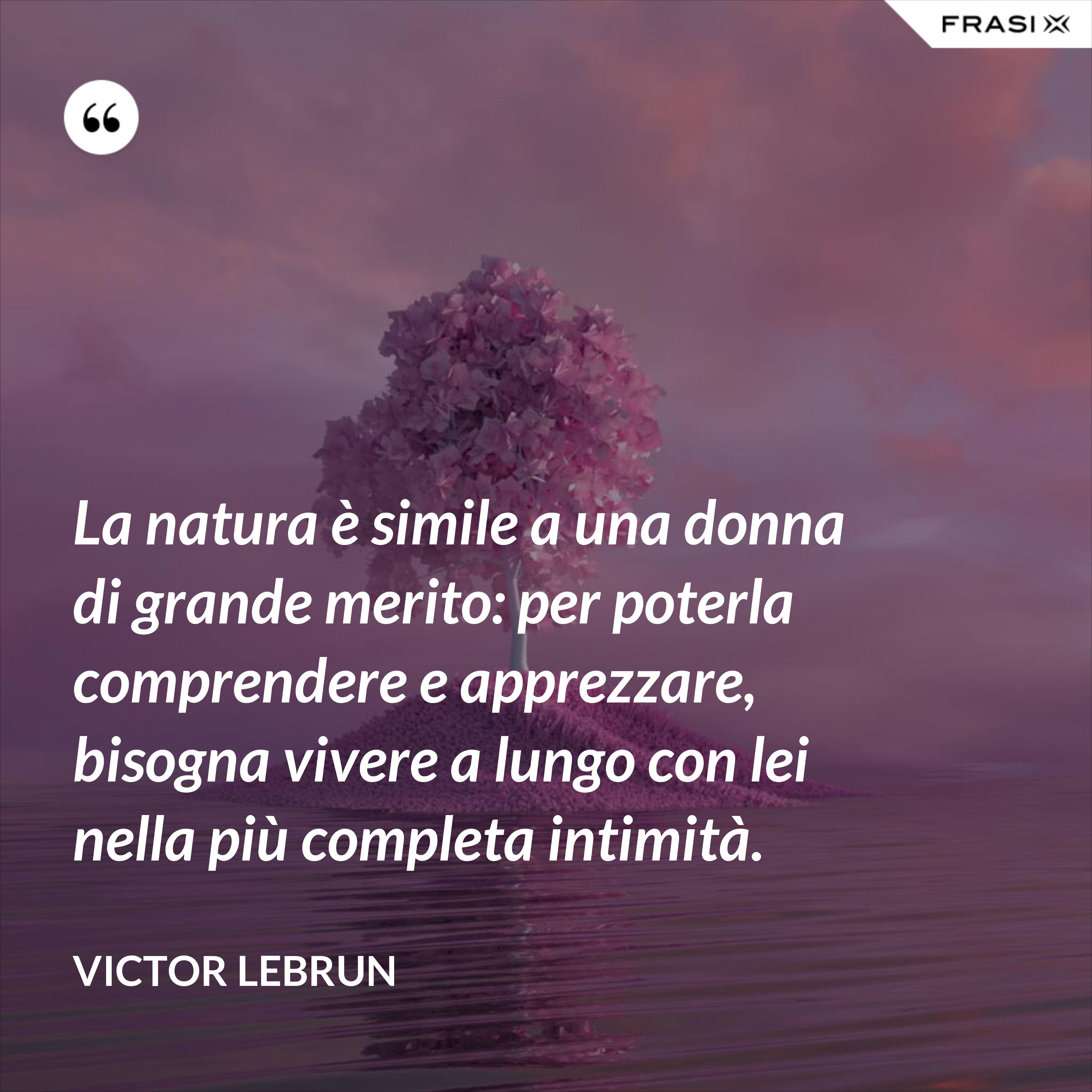 La natura è simile a una donna di grande merito: per poterla comprendere e apprezzare, bisogna vivere a lungo con lei nella più completa intimità. - Victor Lebrun