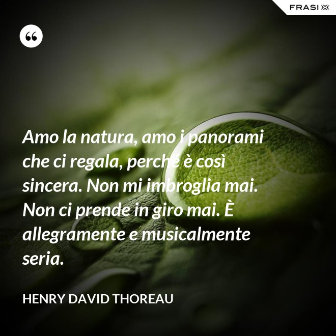 Amo la natura, amo i panorami che ci regala, perché è così sincera. Non mi imbroglia mai. Non ci prende in giro mai. È allegramente e musicalmente seria. - Henry David Thoreau