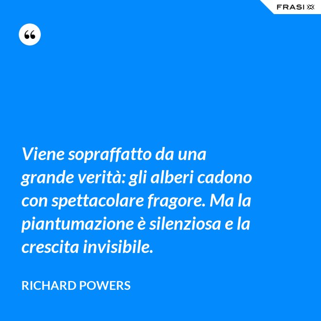 Viene sopraffatto da una grande verità: gli alberi cadono con spettacolare fragore. Ma la piantumazione è silenziosa e la crescita invisibile. - Richard Powers