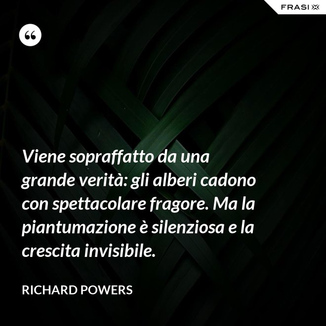 Viene sopraffatto da una grande verità: gli alberi cadono con spettacolare fragore. Ma la piantumazione è silenziosa e la crescita invisibile. - Richard Powers