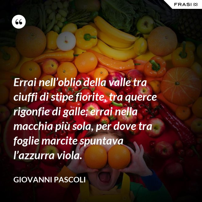 Errai nell’oblio della valle tra ciuffi di stipe fiorite, tra querce rigonfie di galle; errai nella macchia più sola, per dove tra foglie marcite spuntava l’azzurra viola. - Giovanni Pascoli