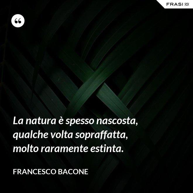 La natura è spesso nascosta, qualche volta sopraffatta, molto raramente estinta. - Francesco Bacone