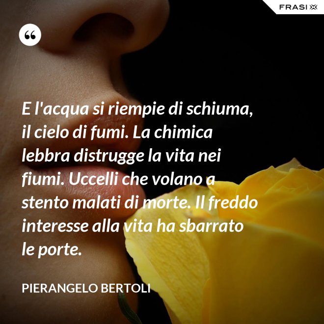 E l'acqua si riempie di schiuma, il cielo di fumi. La chimica lebbra distrugge la vita nei fiumi. Uccelli che volano a stento malati di morte. Il freddo interesse alla vita ha sbarrato le porte. - Pierangelo Bertoli
