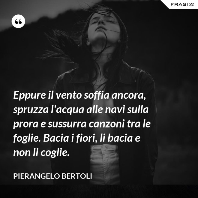 Eppure il vento soffia ancora, spruzza l'acqua alle navi sulla prora e sussurra canzoni tra le foglie. Bacia i fiori, li bacia e non li coglie. - Pierangelo Bertoli