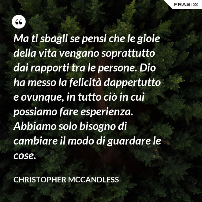Ma ti sbagli se pensi che le gioie della vita vengano soprattutto dai rapporti tra le persone. Dio ha messo la felicità dappertutto e ovunque, in tutto ciò in cui possiamo fare esperienza. Abbiamo solo bisogno di cambiare il modo di guardare le cose. - Christopher McCandless