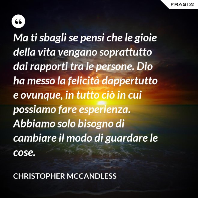 Ma ti sbagli se pensi che le gioie della vita vengano soprattutto dai rapporti tra le persone. Dio ha messo la felicità dappertutto e ovunque, in tutto ciò in cui possiamo fare esperienza. Abbiamo solo bisogno di cambiare il modo di guardare le cose. - Christopher McCandless