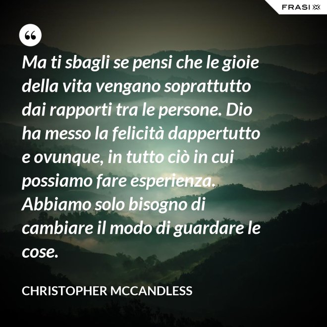 Ma ti sbagli se pensi che le gioie della vita vengano soprattutto dai rapporti tra le persone. Dio ha messo la felicità dappertutto e ovunque, in tutto ciò in cui possiamo fare esperienza. Abbiamo solo bisogno di cambiare il modo di guardare le cose. - Christopher McCandless