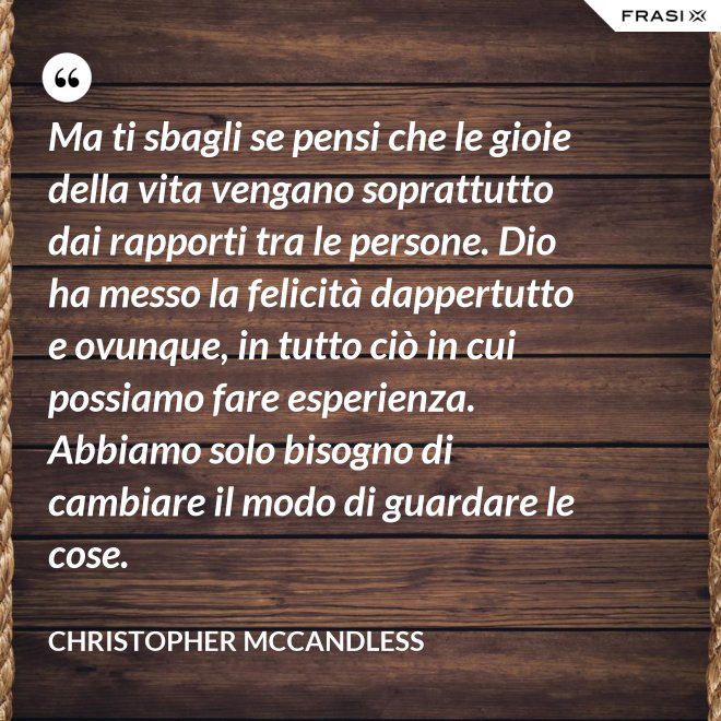 Ma ti sbagli se pensi che le gioie della vita vengano soprattutto dai rapporti tra le persone. Dio ha messo la felicità dappertutto e ovunque, in tutto ciò in cui possiamo fare esperienza. Abbiamo solo bisogno di cambiare il modo di guardare le cose. - Christopher McCandless
