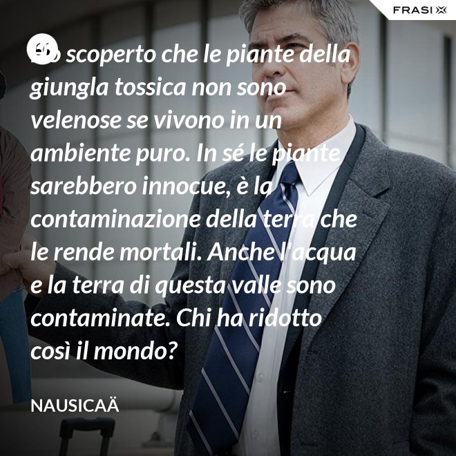 Ho scoperto che le piante della giungla tossica non sono velenose se vivono in un ambiente puro. In sé le piante sarebbero innocue, è la contaminazione della terra che le rende mortali. Anche l'acqua e la terra di questa valle sono contaminate. Chi ha ridotto così il mondo? - Nausicaä
