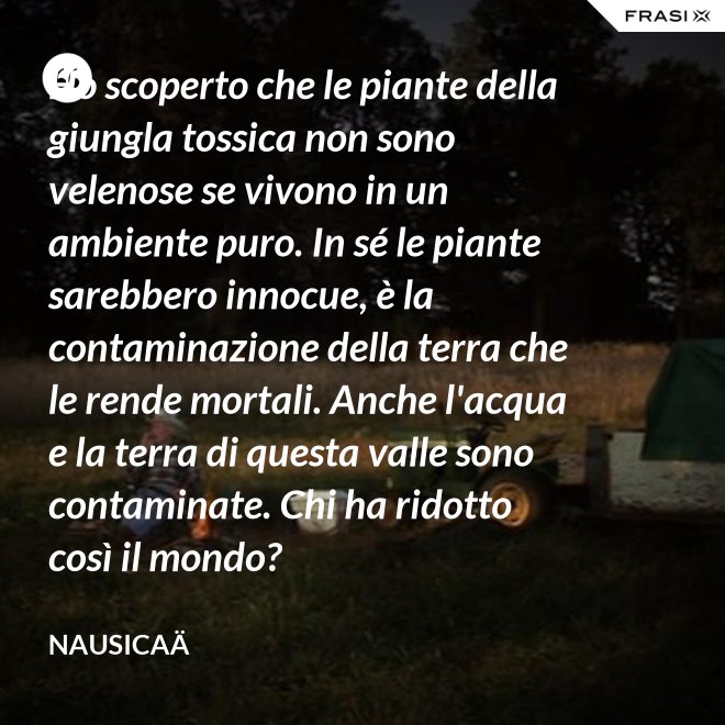 Ho scoperto che le piante della giungla tossica non sono velenose se vivono in un ambiente puro. In sé le piante sarebbero innocue, è la contaminazione della terra che le rende mortali. Anche l'acqua e la terra di questa valle sono contaminate. Chi ha ridotto così il mondo? - Nausicaä