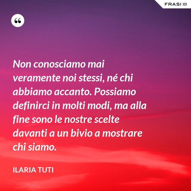 Non conosciamo mai veramente noi stessi, né chi abbiamo accanto. Possiamo definirci in molti modi, ma alla fine sono le nostre scelte davanti a un bivio a mostrare chi siamo. - Ilaria Tuti
