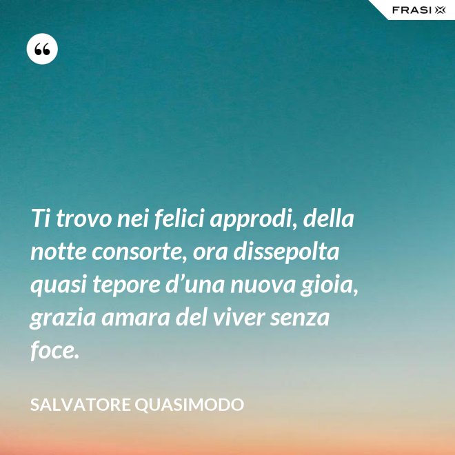Ti trovo nei felici approdi, della notte consorte, ora dissepolta quasi tepore d’una nuova gioia, grazia amara del viver senza foce. - Salvatore Quasimodo