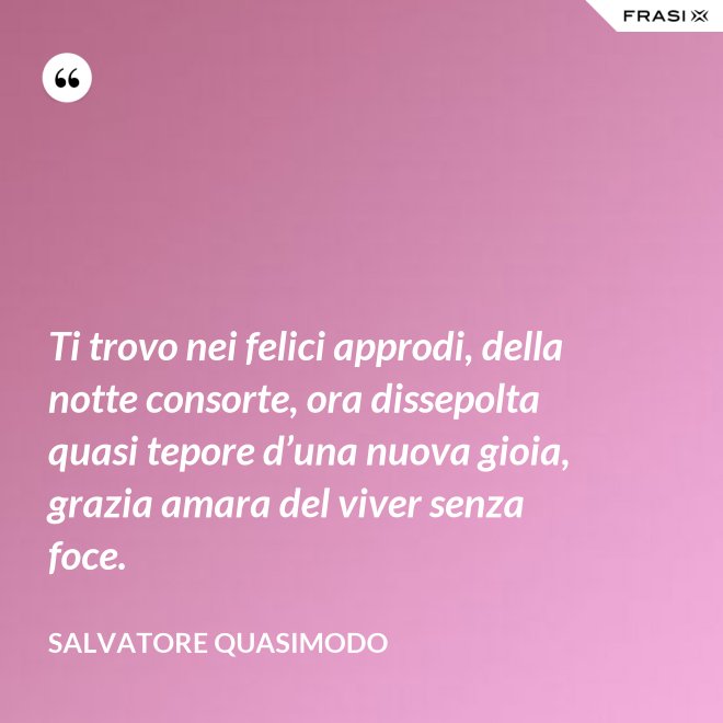Ti trovo nei felici approdi, della notte consorte, ora dissepolta quasi tepore d’una nuova gioia, grazia amara del viver senza foce. - Salvatore Quasimodo