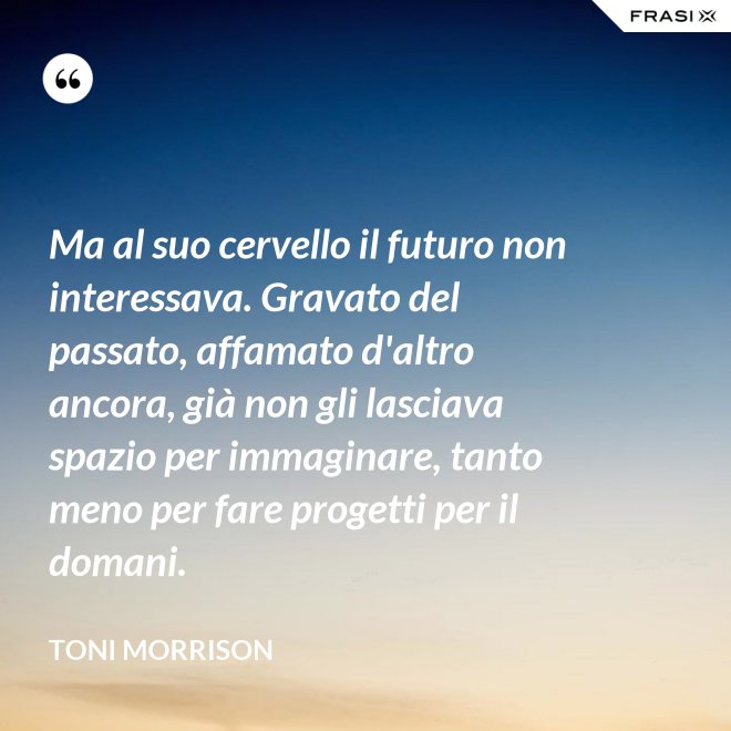 Ma al suo cervello il futuro non interessava. Gravato del passato, affamato d'altro ancora, già non gli lasciava spazio per immaginare, tanto meno per fare progetti per il domani. - Toni Morrison