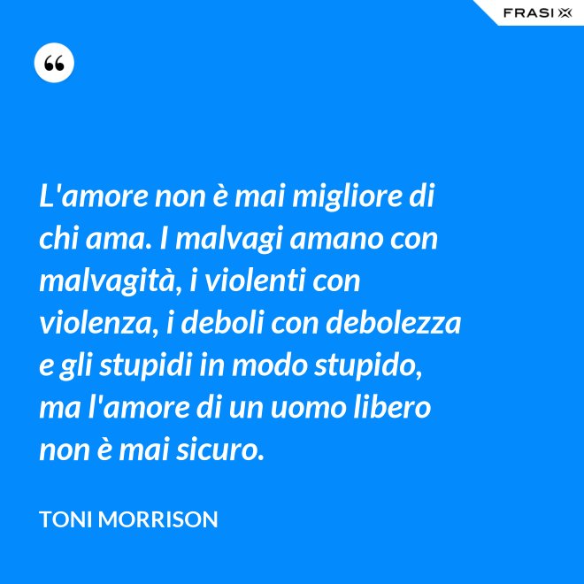 L'amore non è mai migliore di chi ama. I malvagi amano con malvagità, i violenti con violenza, i deboli con debolezza e gli stupidi in modo stupido, ma l'amore di un uomo libero non è mai sicuro. - Toni Morrison