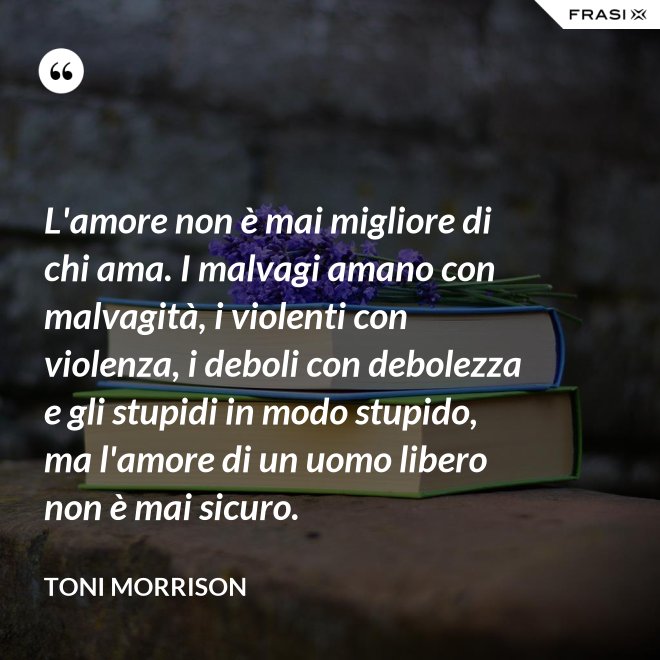 L'amore non è mai migliore di chi ama. I malvagi amano con malvagità, i violenti con violenza, i deboli con debolezza e gli stupidi in modo stupido, ma l'amore di un uomo libero non è mai sicuro. - Toni Morrison