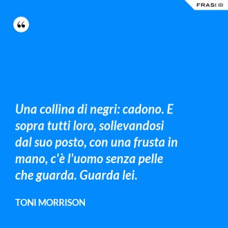 Una collina di negri: cadono. E sopra tutti loro, sollevandosi dal suo posto, con una frusta in mano, c'è l'uomo senza pelle che guarda. Guarda lei. - Toni Morrison