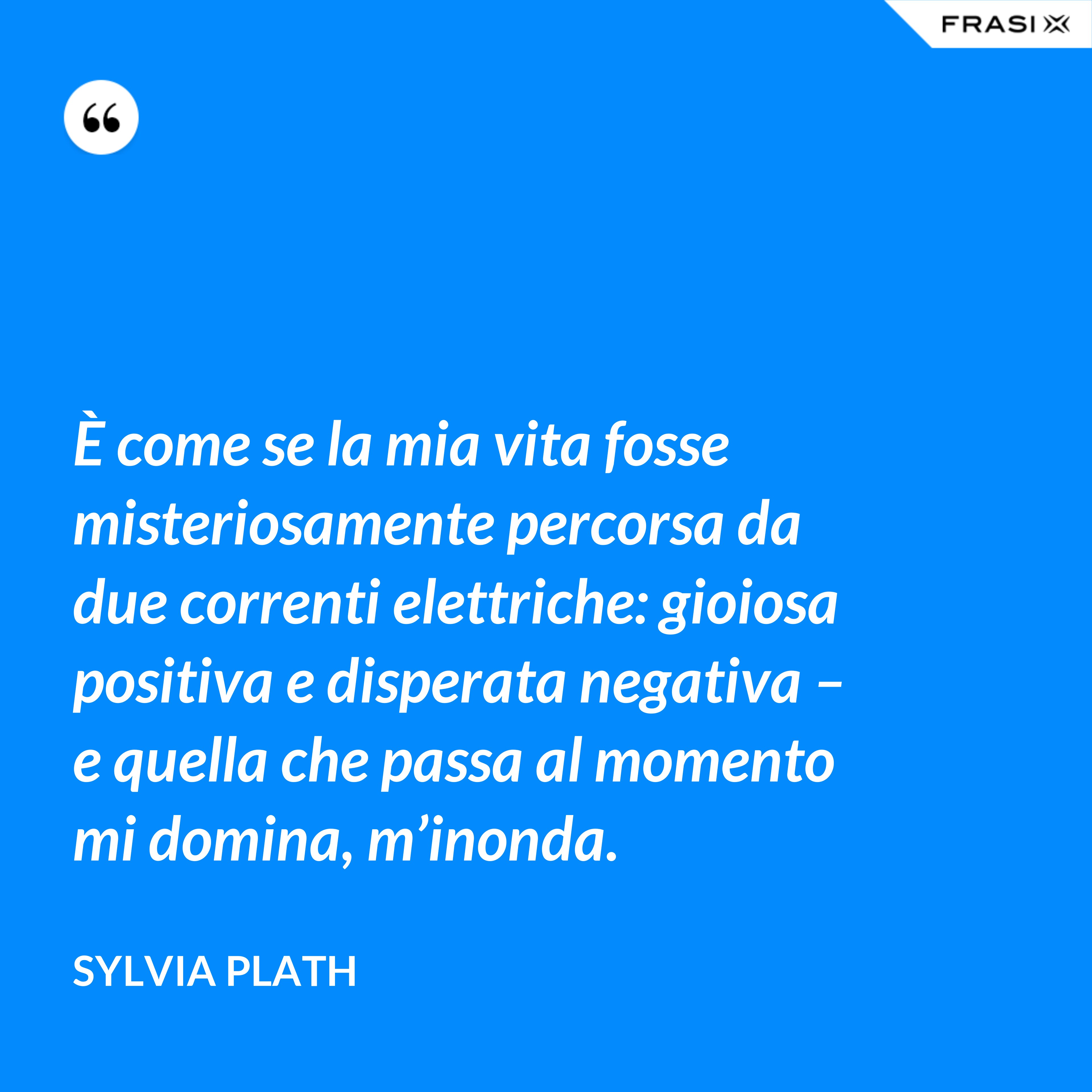 È come se la mia vita fosse misteriosamente percorsa da due correnti elettriche: gioiosa positiva e disperata negativa – e quella che passa al momento mi domina, m’inonda. - Sylvia Plath