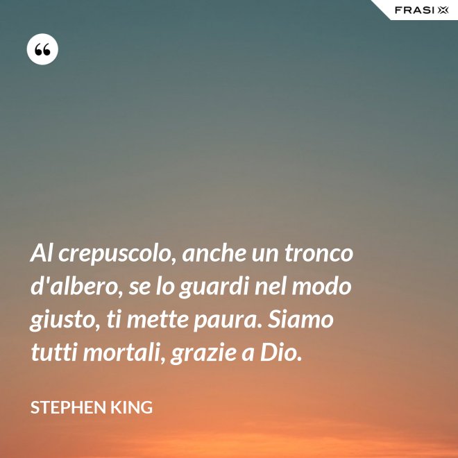 Al crepuscolo, anche un tronco d'albero, se lo guardi nel modo giusto, ti mette paura. Siamo tutti mortali, grazie a Dio. - Stephen King