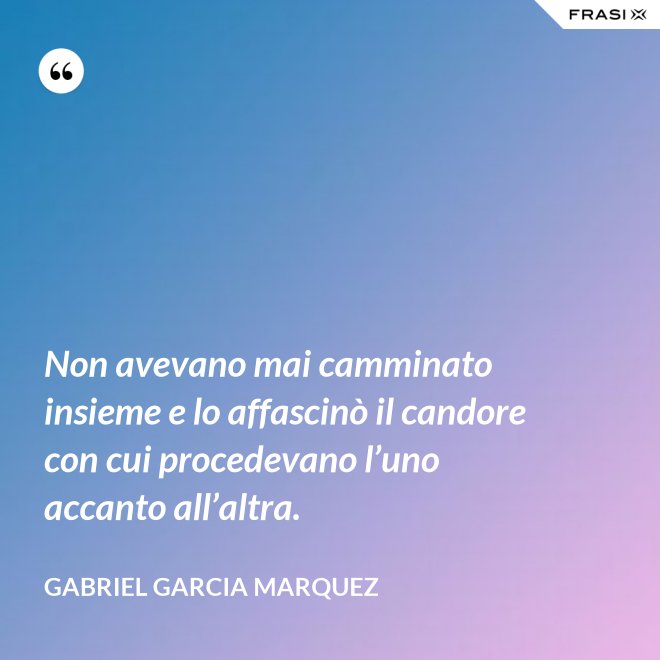 Non avevano mai camminato insieme e lo affascinò il candore con cui procedevano l’uno accanto all’altra. - Gabriel Garcia Marquez