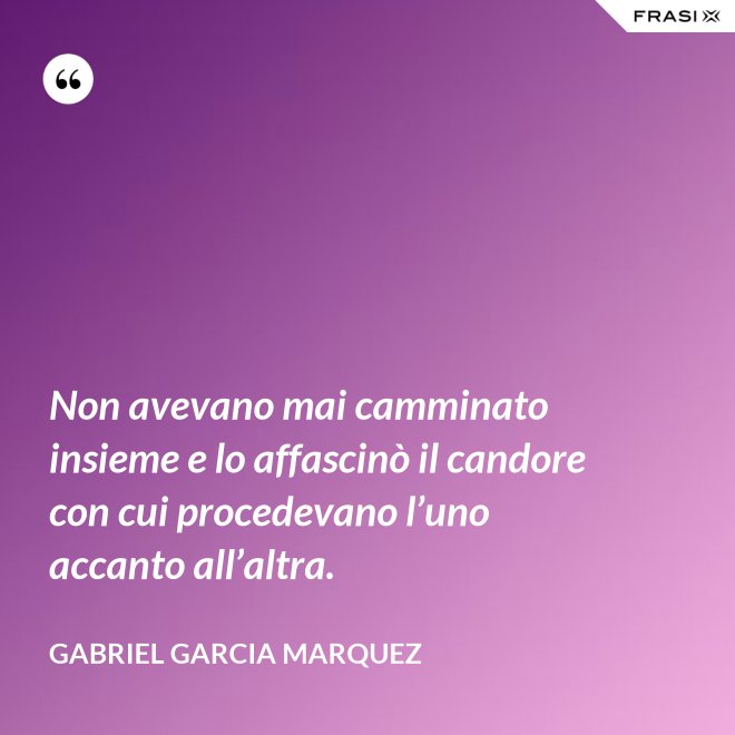 Non avevano mai camminato insieme e lo affascinò il candore con cui procedevano l’uno accanto all’altra. - Gabriel Garcia Marquez
