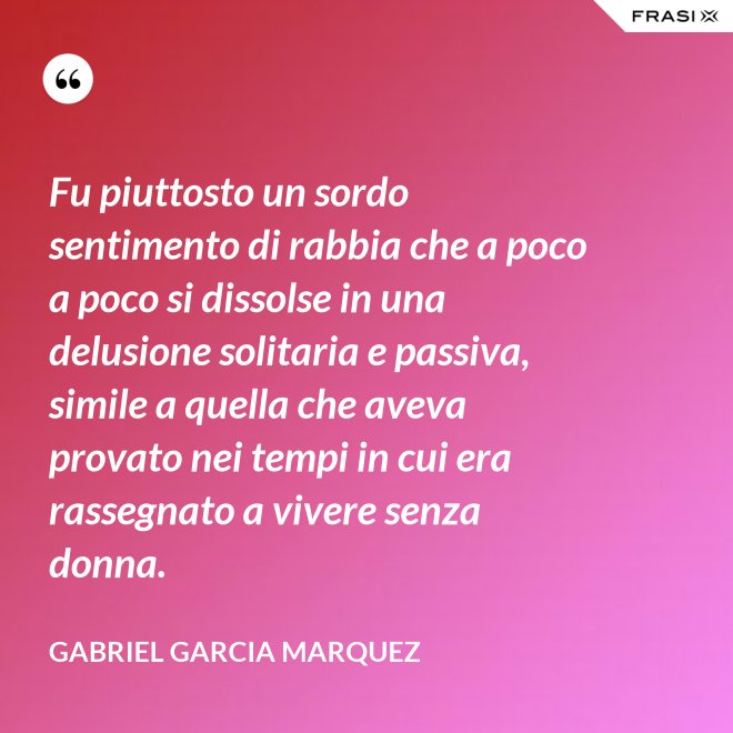 Fu piuttosto un sordo sentimento di rabbia che a poco a poco si dissolse in una delusione solitaria e passiva, simile a quella che aveva provato nei tempi in cui era rassegnato a vivere senza donna. - Gabriel Garcia Marquez