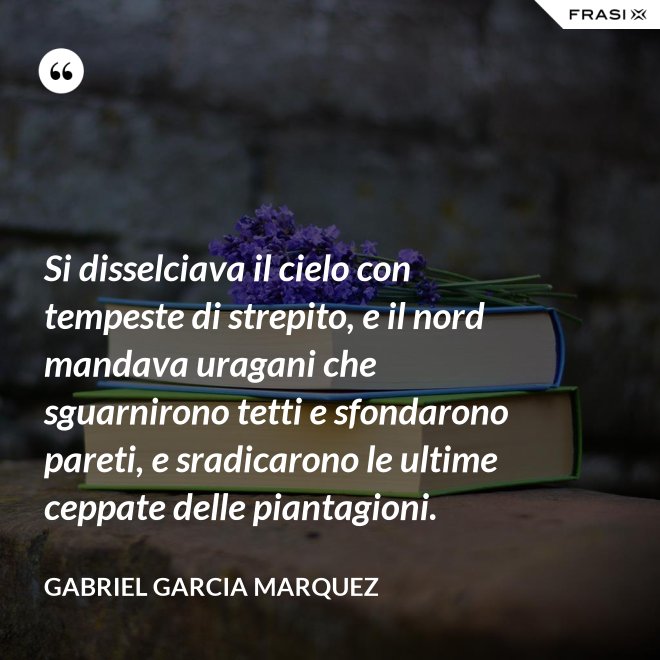 Si disselciava il cielo con tempeste di strepito, e il nord mandava uragani che sguarnirono tetti e sfondarono pareti, e sradicarono le ultime ceppate delle piantagioni. - Gabriel Garcia Marquez
