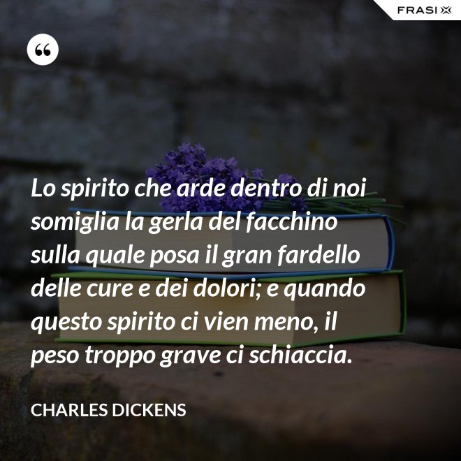 Lo spirito che arde dentro di noi somiglia la gerla del facchino sulla quale posa il gran fardello delle cure e dei dolori; e quando questo spirito ci vien meno, il peso troppo grave ci schiaccia. - Charles Dickens