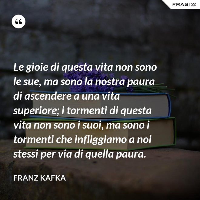 Le gioie di questa vita non sono le sue, ma sono la nostra paura di ascendere a una vita superiore; i tormenti di questa vita non sono i suoi, ma sono i tormenti che infliggiamo a noi stessi per via di quella paura. - Franz Kafka