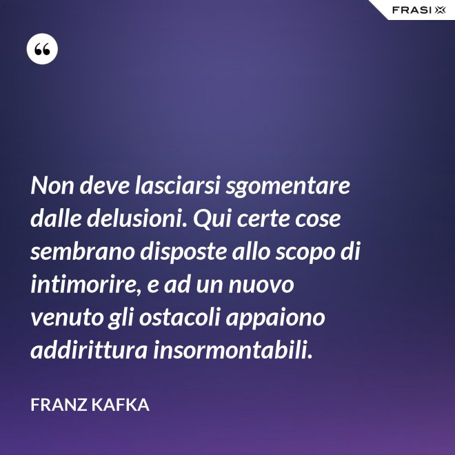 Non deve lasciarsi sgomentare dalle delusioni. Qui certe cose sembrano disposte allo scopo di intimorire, e ad un nuovo venuto gli ostacoli appaiono addirittura insormontabili. - Franz Kafka