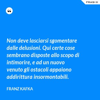 Non deve lasciarsi sgomentare dalle delusioni. Qui certe cose sembrano disposte allo scopo di intimorire, e ad un nuovo venuto gli ostacoli appaiono addirittura insormontabili. - Franz Kafka