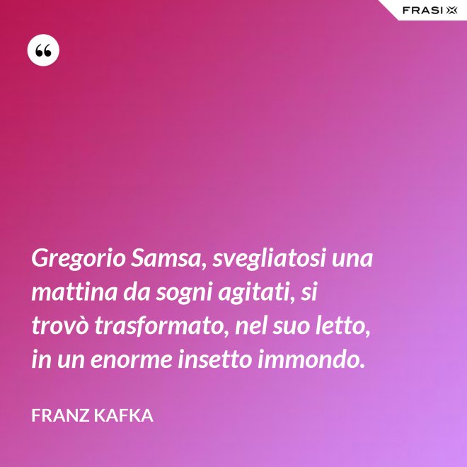 Gregorio Samsa, svegliatosi una mattina da sogni agitati, si trovò trasformato, nel suo letto, in un enorme insetto immondo. - Franz Kafka