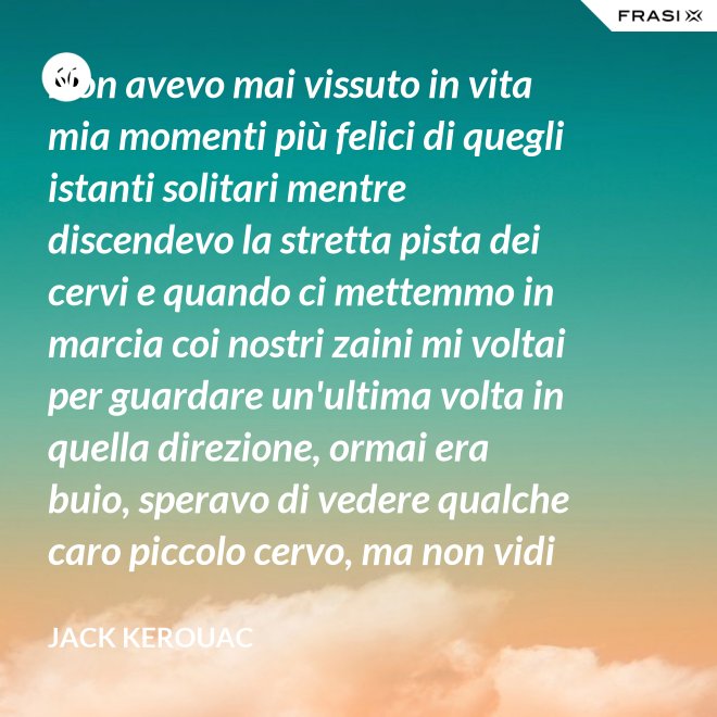 Non avevo mai vissuto in vita mia momenti più felici di quegli istanti solitari mentre discendevo la stretta pista dei cervi e quando ci mettemmo in marcia coi nostri zaini mi voltai per guardare un'ultima volta in quella direzione, ormai era buio, speravo di vedere qualche caro piccolo cervo, ma non vidi nulla, e cosi ringraziai tutto quello che c'era lassù. - Jack Kerouac