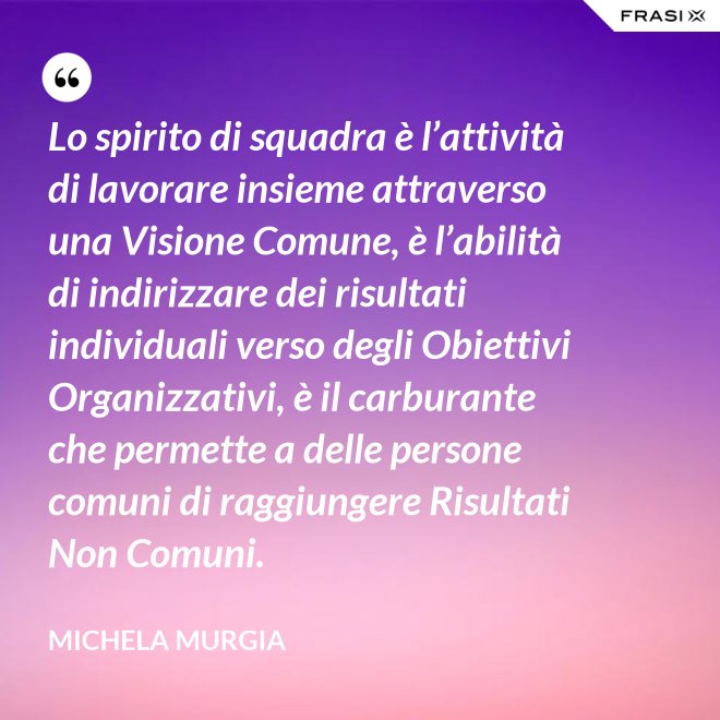 Lo spirito di squadra è l’attività di lavorare insieme attraverso una Visione Comune, è l’abilità di indirizzare dei risultati individuali verso degli Obiettivi Organizzativi, è il carburante che permette a delle persone comuni di raggiungere Risultati Non Comuni. - Michela Murgia