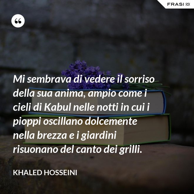 Mi sembrava di vedere il sorriso della sua anima, ampio come i cieli di Kabul nelle notti in cui i pioppi oscillano dolcemente nella brezza e i giardini risuonano del canto dei grilli. - Khaled Hosseini
