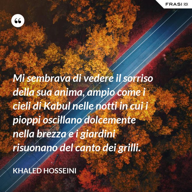 Mi sembrava di vedere il sorriso della sua anima, ampio come i cieli di Kabul nelle notti in cui i pioppi oscillano dolcemente nella brezza e i giardini risuonano del canto dei grilli. - Khaled Hosseini