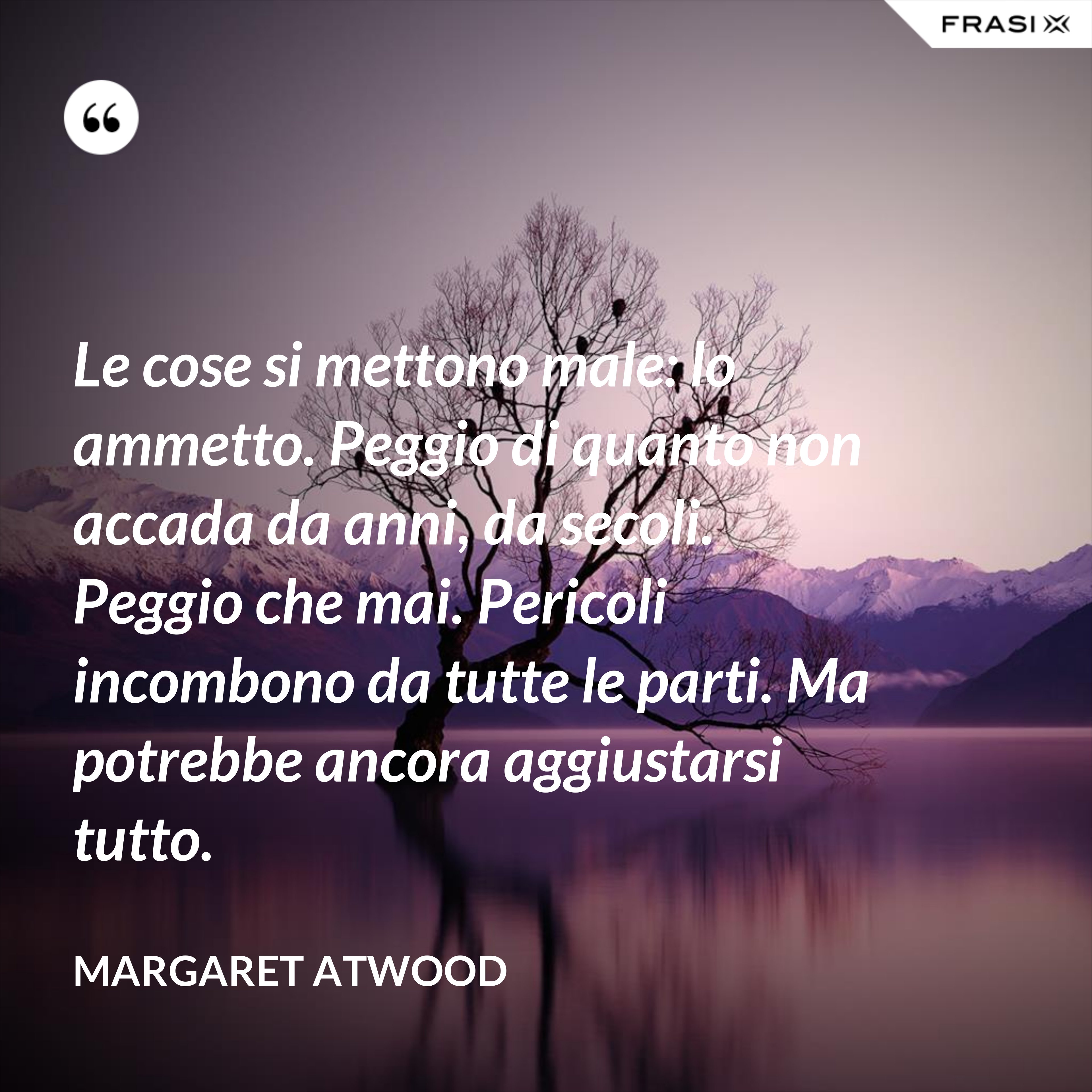 Le cose si mettono male: lo ammetto. Peggio di quanto non accada da anni, da secoli. Peggio che mai. Pericoli incombono da tutte le parti. Ma potrebbe ancora aggiustarsi tutto. - Margaret Atwood