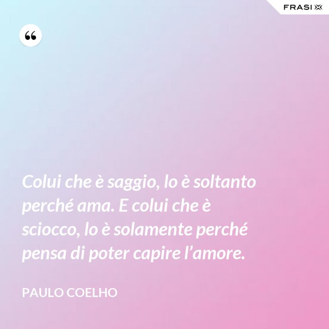 Colui che è saggio, lo è soltanto perché ama. E colui che è sciocco, lo è solamente perché pensa di poter capire l’amore. - Paulo Coelho