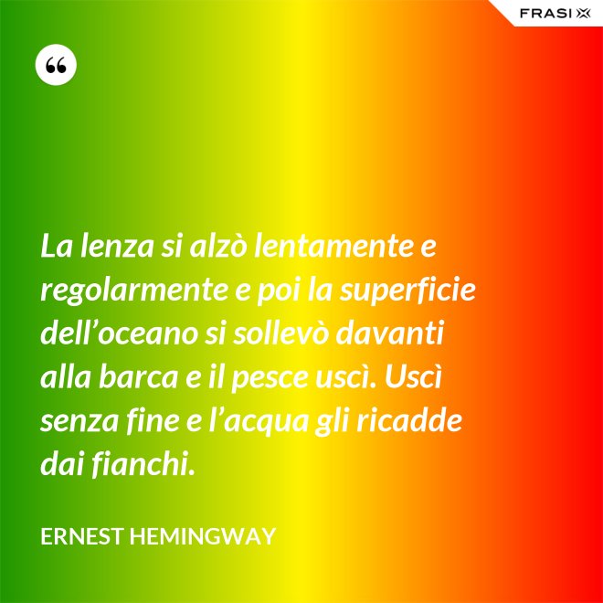 La lenza si alzò lentamente e regolarmente e poi la superficie dell’oceano si sollevò davanti alla barca e il pesce uscì. Uscì senza fine e l’acqua gli ricadde dai fianchi. - Ernest Hemingway