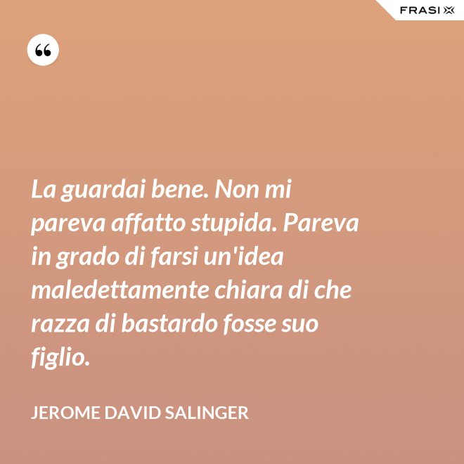 La guardai bene. Non mi pareva affatto stupida. Pareva in grado di farsi un'idea maledettamente chiara di che razza di bastardo fosse suo figlio. - Jerome David Salinger