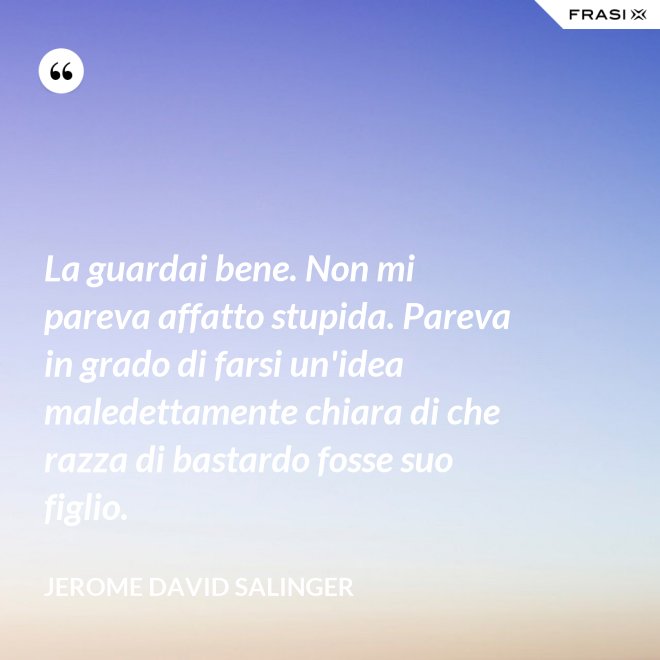 La guardai bene. Non mi pareva affatto stupida. Pareva in grado di farsi un'idea maledettamente chiara di che razza di bastardo fosse suo figlio. - Jerome David Salinger