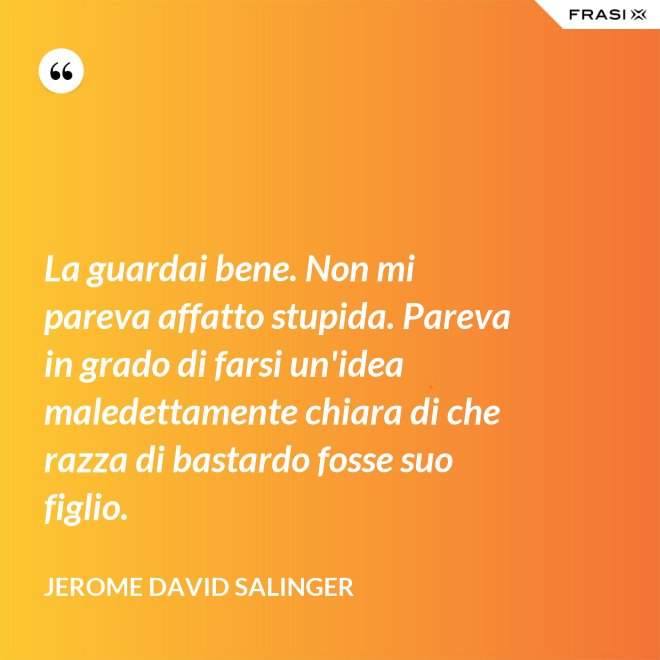 La guardai bene. Non mi pareva affatto stupida. Pareva in grado di farsi un'idea maledettamente chiara di che razza di bastardo fosse suo figlio. - Jerome David Salinger