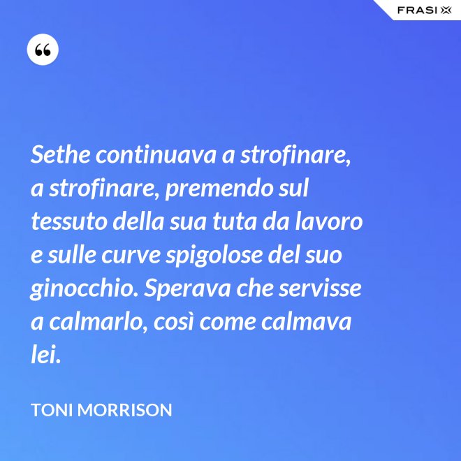 Sethe continuava a strofinare, a strofinare, premendo sul tessuto della sua tuta da lavoro e sulle curve spigolose del suo ginocchio. Sperava che servisse a calmarlo, così come calmava lei. - Toni Morrison