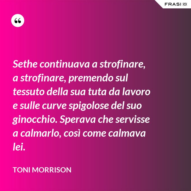 Sethe continuava a strofinare, a strofinare, premendo sul tessuto della sua tuta da lavoro e sulle curve spigolose del suo ginocchio. Sperava che servisse a calmarlo, così come calmava lei. - Toni Morrison